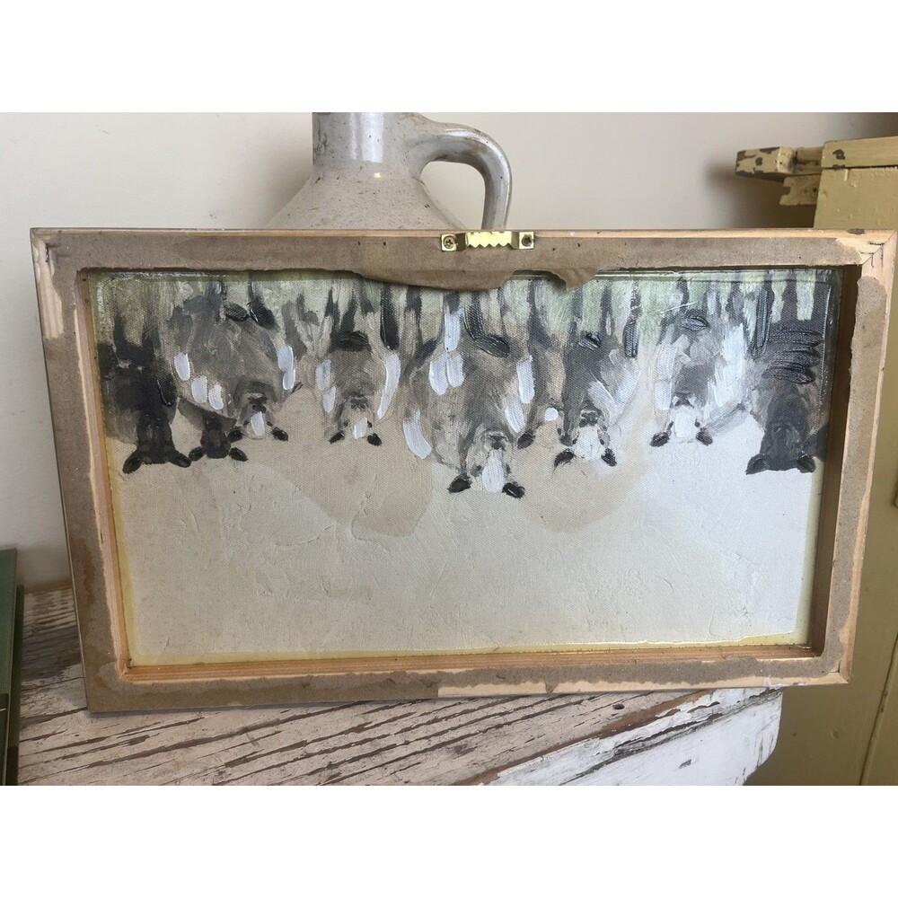Farmhouse Herd Of Sheep In A Meadow (2 Sided) Framed Painting 14” x 8” / Country - Picture 7 of 7